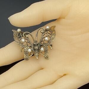 Vintage Sandor Co Butterfly Brooch Faux Pearls Gold Tone Openwork Ornate Signed